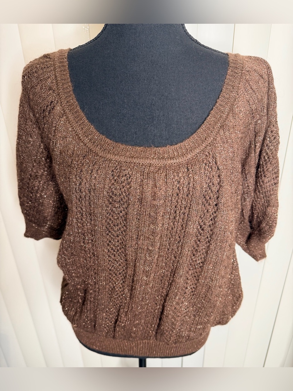 Express Sweater Brown Gold Sparkled Short Sleeve Knit Mohair Wool Scoop Neck S